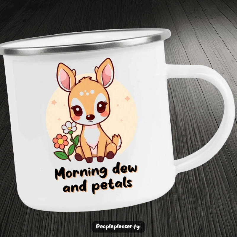 Funny camping mug with a sweet deer character offering a flower, ideal for enjoying drinks by the campfire.