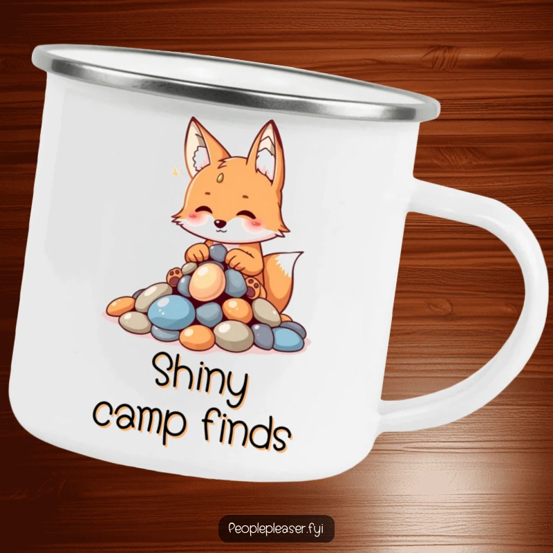 Funny fox camping mug, playfully arranging shiny pebbles, ready for outdoor adventures with a humorous and clever flair.