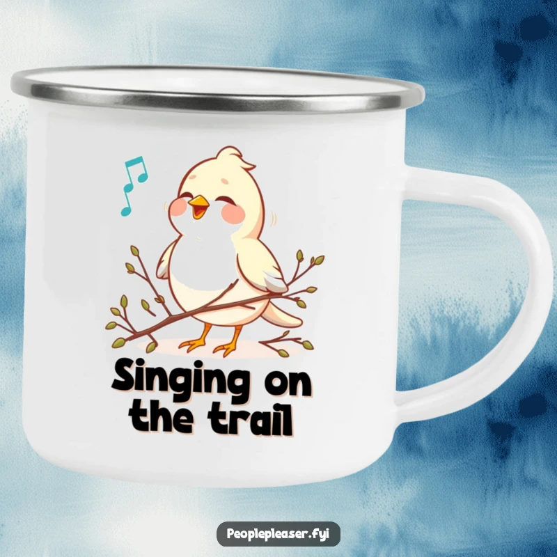 Funny bird singing a sweet melody, arranging tiny twigs on a camping mug, perfect for outdoor enthusiasts and singers.