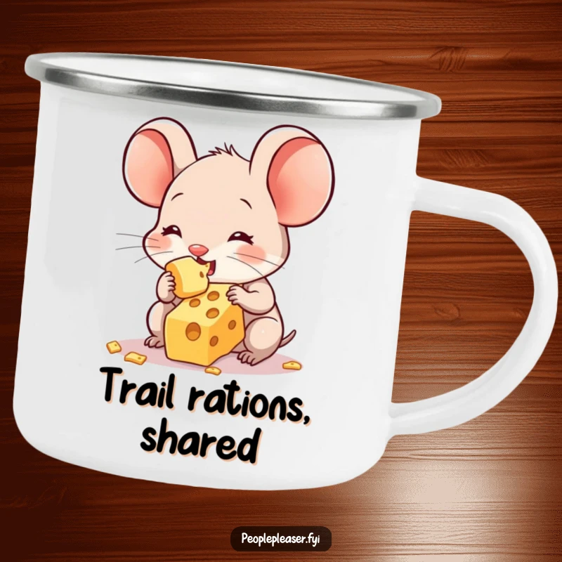 Funny camping mug with a sweet mouse character sharing its last crumb of cheese, perfect for outdoor enthusiasts who enjoy humor.