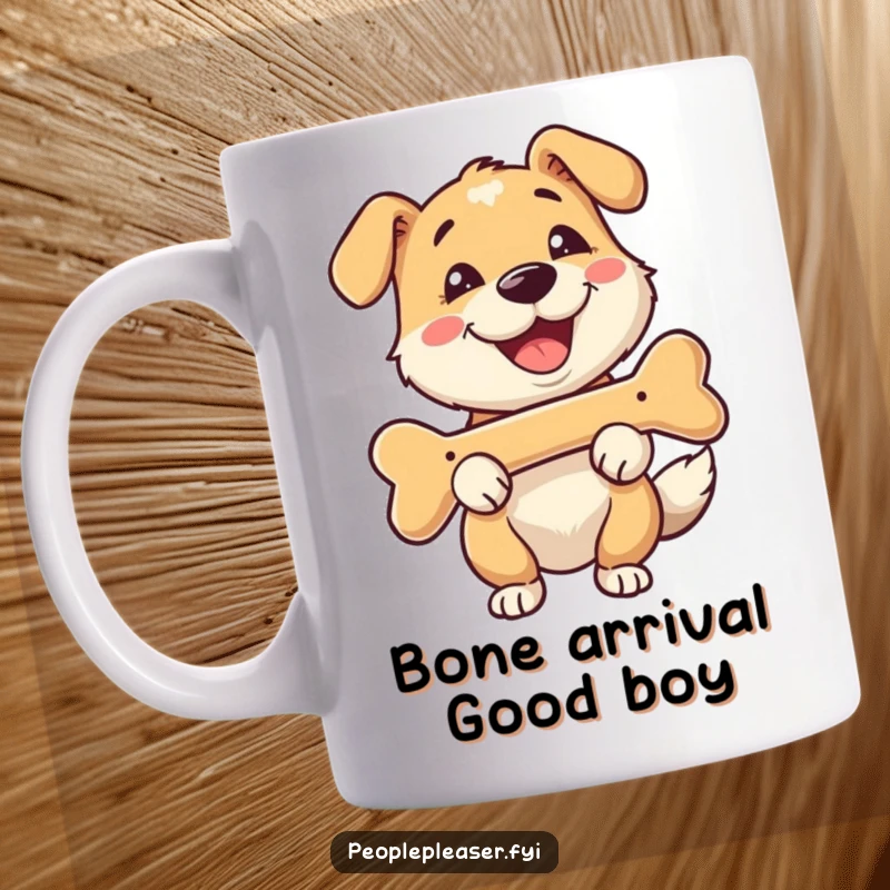 Funny mug with a happy dog character happily fetching a bone and presenting it with a big smile, radiating pure joy.