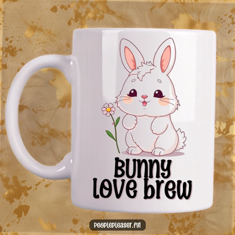 Funny bunny mug, enthusiastically nodding and offering a tiny, delicate flower with a cheerful and friendly expression.