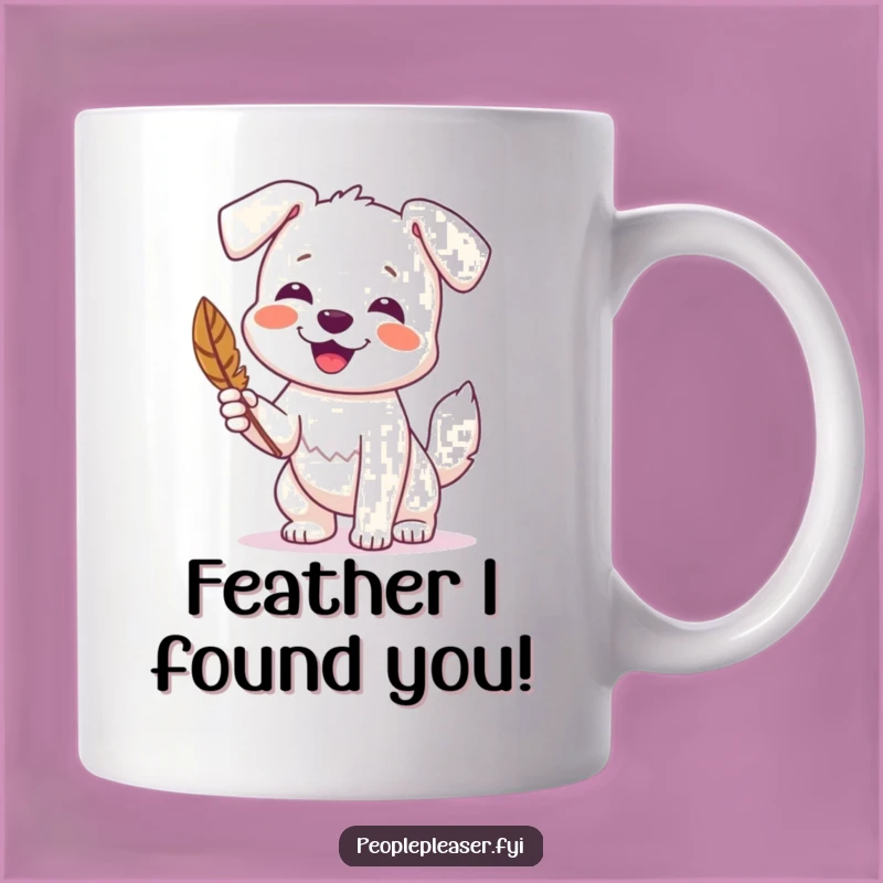 Funny Dog Feather Mug: Happy pup presenting a feather, a funny gift for dog lovers.