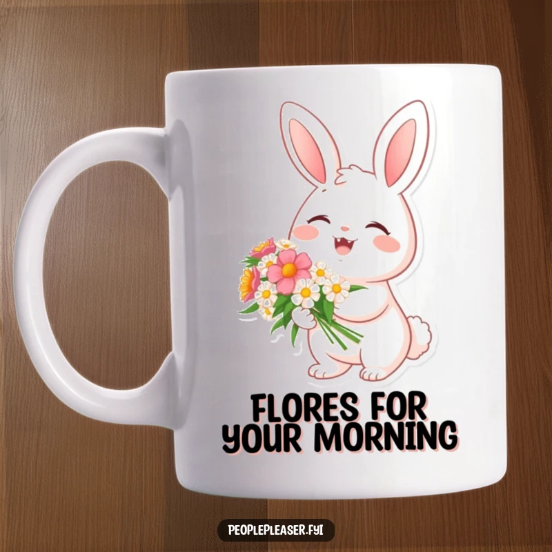 Funny mug with a cheerful bunny character holding a beautiful bouquet of flowers, looking absolutely delighted and happy.