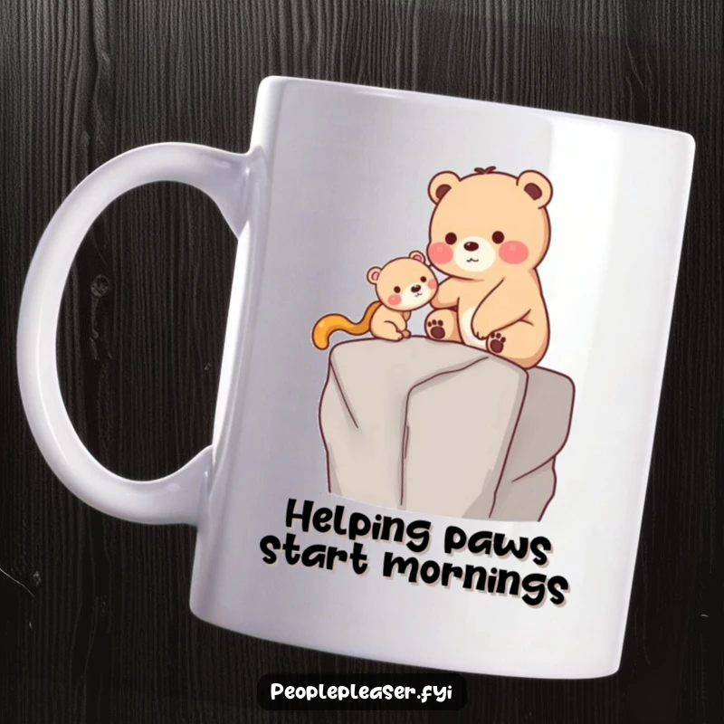 Funny Mug: A large, caring bear gently lifts a small creature onto a high ledge, showcasing a humorous and heartwarming act of kindness.