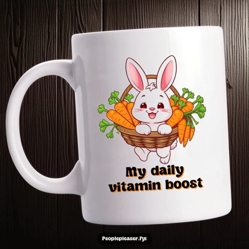 Funny mug featuring a happy bunny character carrying a basket overflowing with carefully chosen carrots, radiating contentment and abundance.