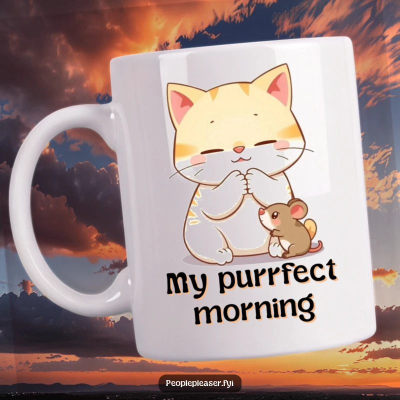 Funny mug featuring a content cat character purring while gently grooming a toy mouse, embodying peacefulness and playful affection.