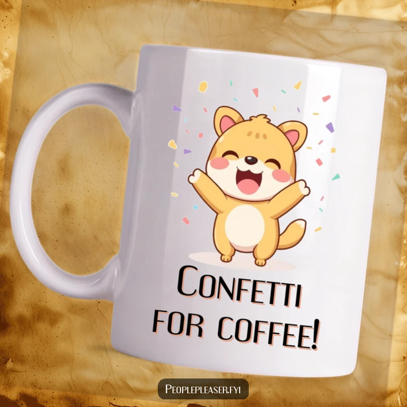 Funny Mug: A joyful animal character gleefully throwing a shower of colorful, friendly confetti.