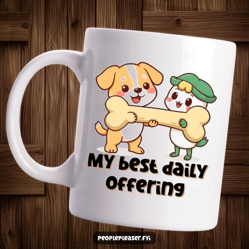 Funny Mug: Cheerful dog character happily offering a giant bone to a friend, showcasing pure generosity and humor.
