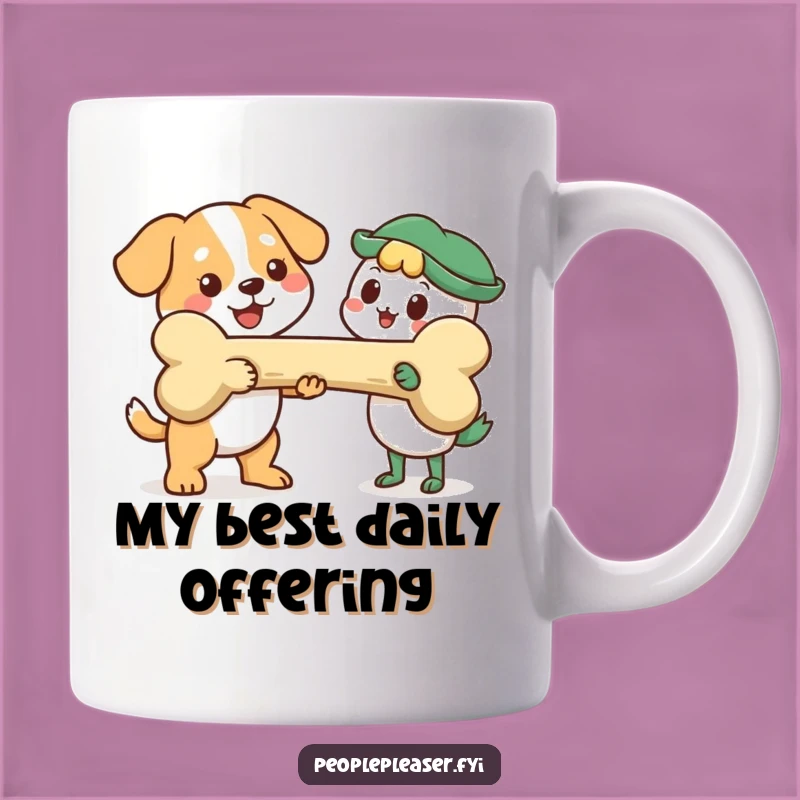 Funny Dog Bone Gift Mug: Cheerful pup shares a giant bone, perfect funny gift for dog lovers.
