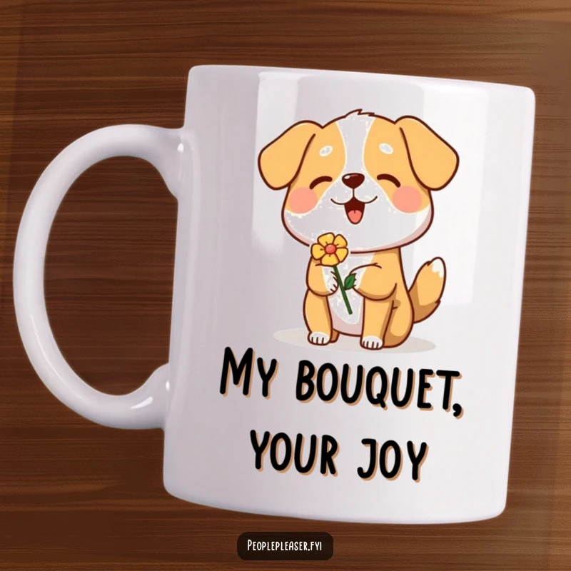 Funny Dog Mug featuring a happy dog offering a bright flower to an unseen friend, conveying warmth and kindness.