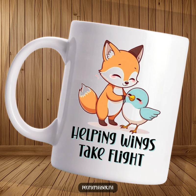 Funny Mug: A friendly fox gently helps a fallen bird stand up, showcasing kindness and humor.