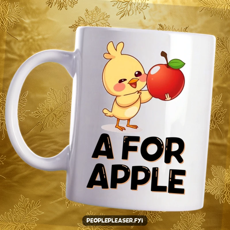 Funny mug with a giggling bird character happily giving a shiny apple to another character, symbolizing sharing and joy.