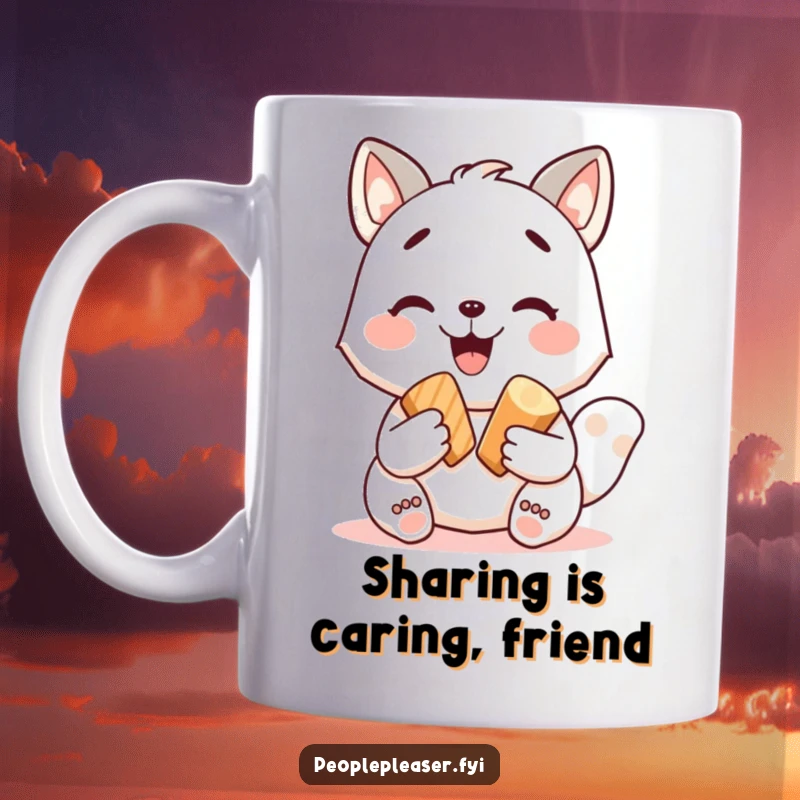 Funny mug with a cheerful animal character joyfully sharing a tasty treat, radiating warmth and generosity. A perfect gift for any occasion.