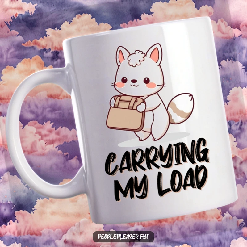 Funny Mug: A kind animal character struggling slightly but happily carrying a very large bag for a friend.