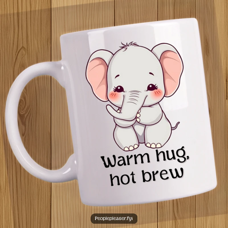 Funny Kawaii elephant mug featuring a character offering a soft hug with its trunk, radiating warmth and loving affection, a perfect gift.
