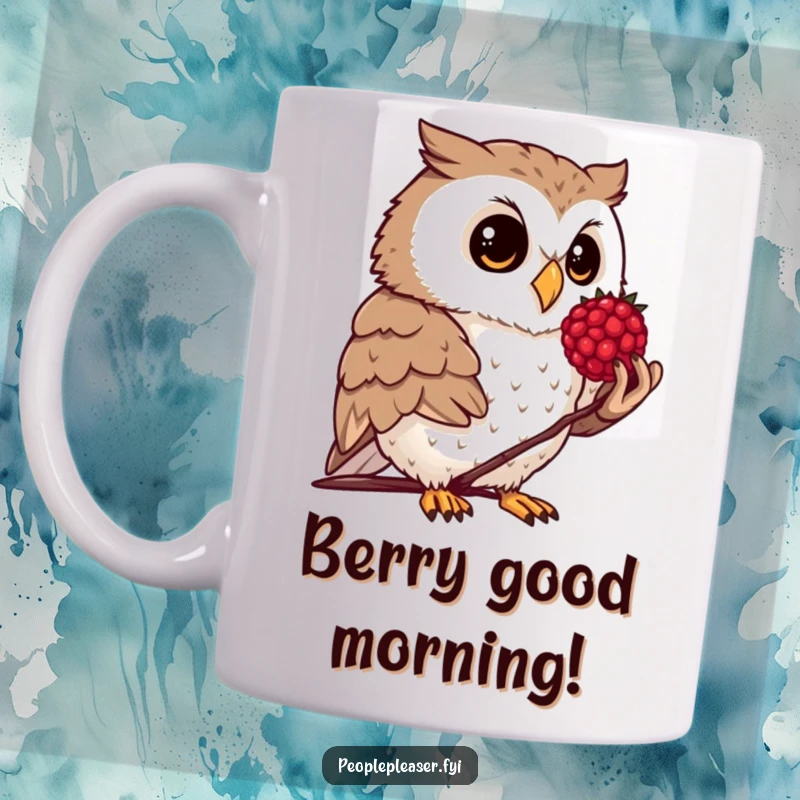 Funny mug featuring a curious owl politely offering a shiny polished berry to an unseen recipient, showing gentle observation.