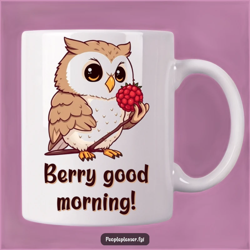Funny Owl Berry Mug: Curious owl offering a berry, a funny gift for nature lovers.