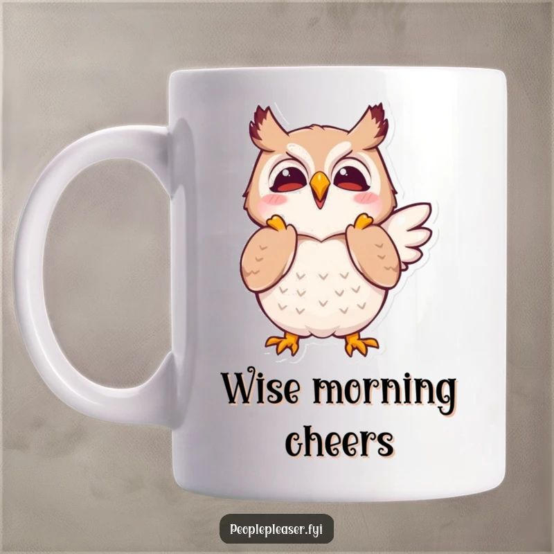 Funny mug featuring a joyful owl character clapping its wings enthusiastically in approval, symbolizing celebration and praise.