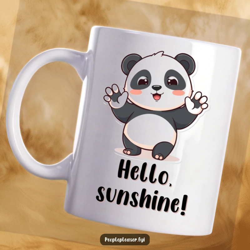 Funny panda mug with a waving character offering a friendly greeting and a big beam, radiating warmth and happiness.