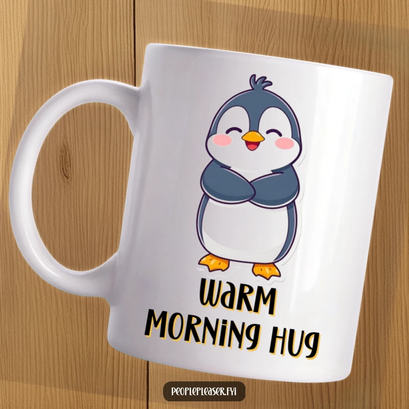 Funny Penguin Mug: A delighted penguin character gives a warm, friendly hug, radiating happiness. Perfect funny gift!
