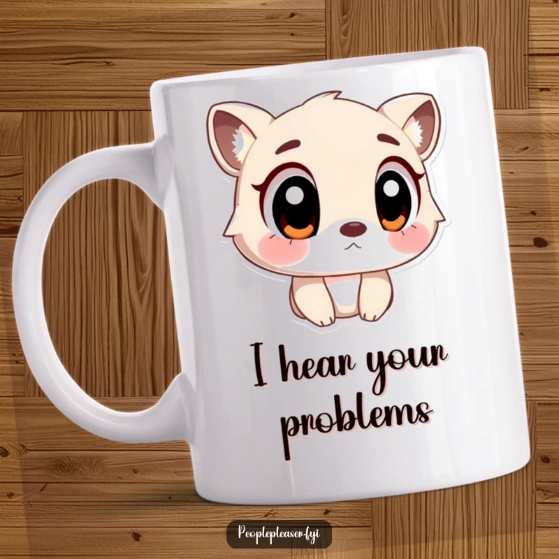 Funny Mug featuring an animal character with large, understanding eyes, listening intently to every word.