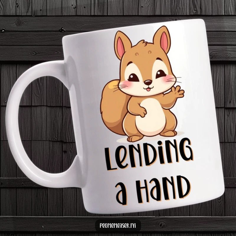 Funny mug featuring a diligent squirrel character offering a helping paw, symbolizing kindness and support.