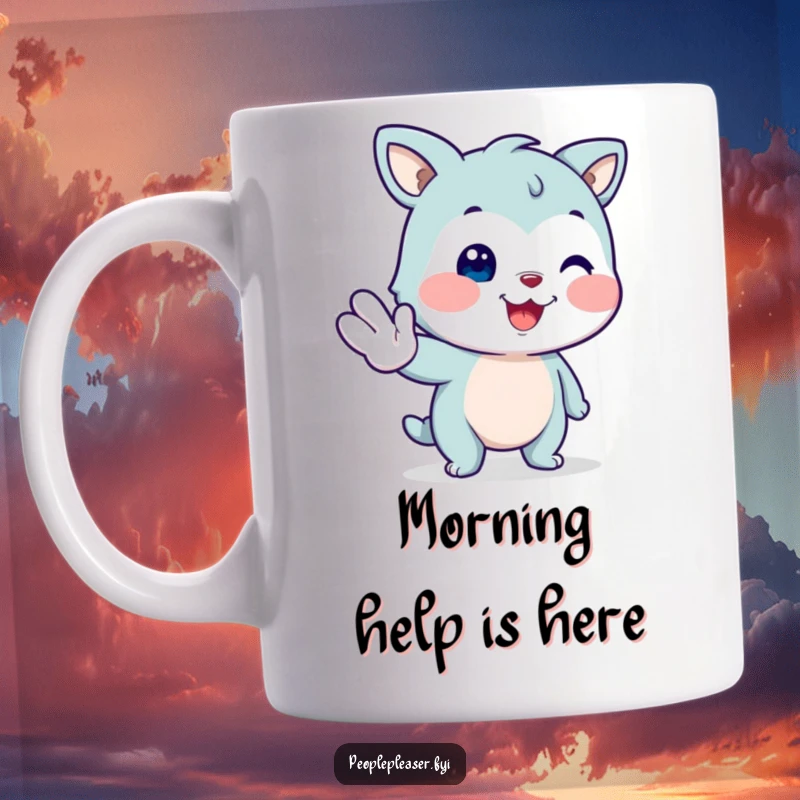 Funny smiling animal mug, extending a paw with a kind grin to help, a humorous depiction of helpfulness.