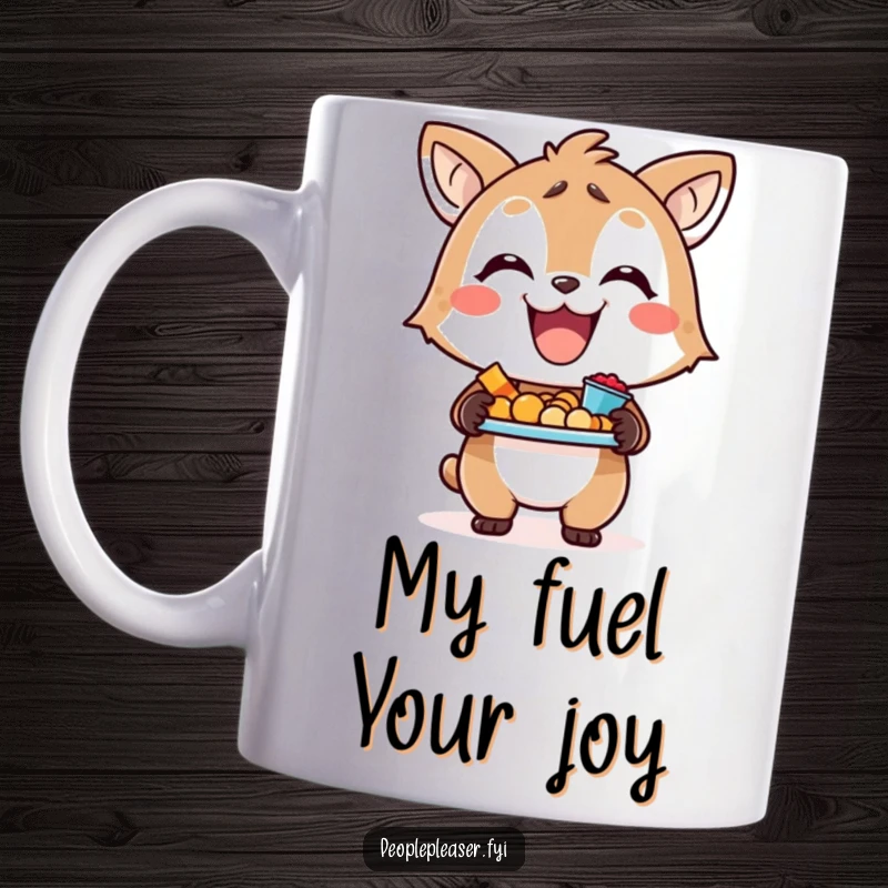 Funny mug featuring a beaming animal character happily holding a tray overflowing with delicious snacks, radiating joy.