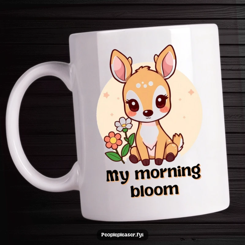 Funny mug featuring a sweet deer character with big eyes, gently offering a delicate flower, embodying kindness and humor.