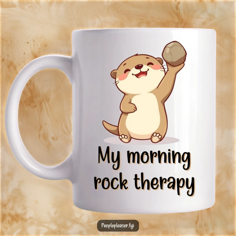 Funny mug featuring a delighted otter character gleefully tossing a smooth stone, capturing pure joy and playful mischief.