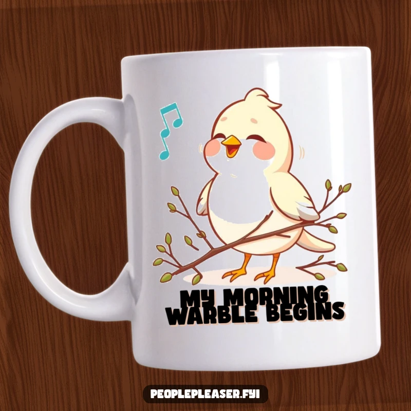 Funny bird singing a sweet melody, arranging tiny twigs on a mug, perfect for music lovers and nature enthusiasts.