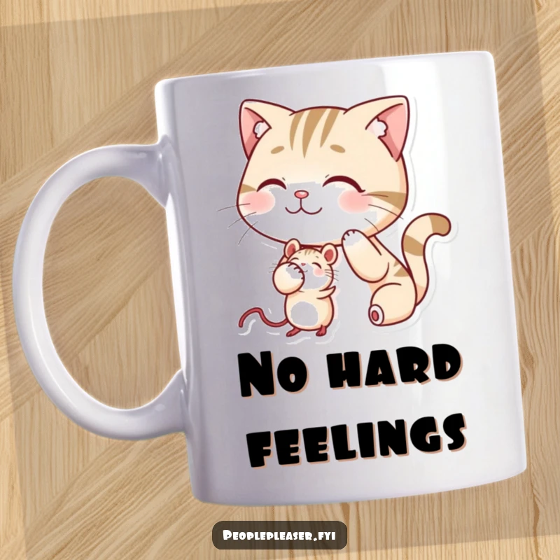 Funny mug showing a smiling cat character gently patting a mouse on the head, depicting friendship.