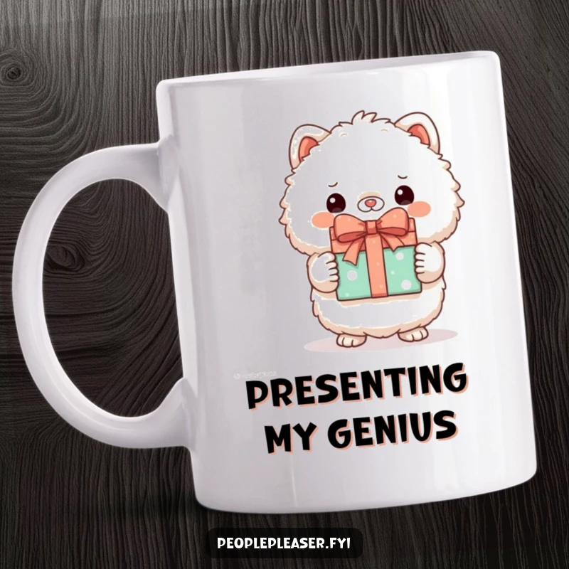 Funny mug with a cute, fluffy animal character proudly holding and showing off a beautifully wrapped gift box.