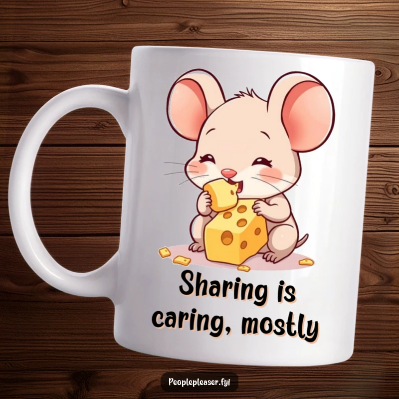 Funny mug showcasing a small, sweet mouse character generously sharing its very last crumb of cheese, embodying kindness and humor.