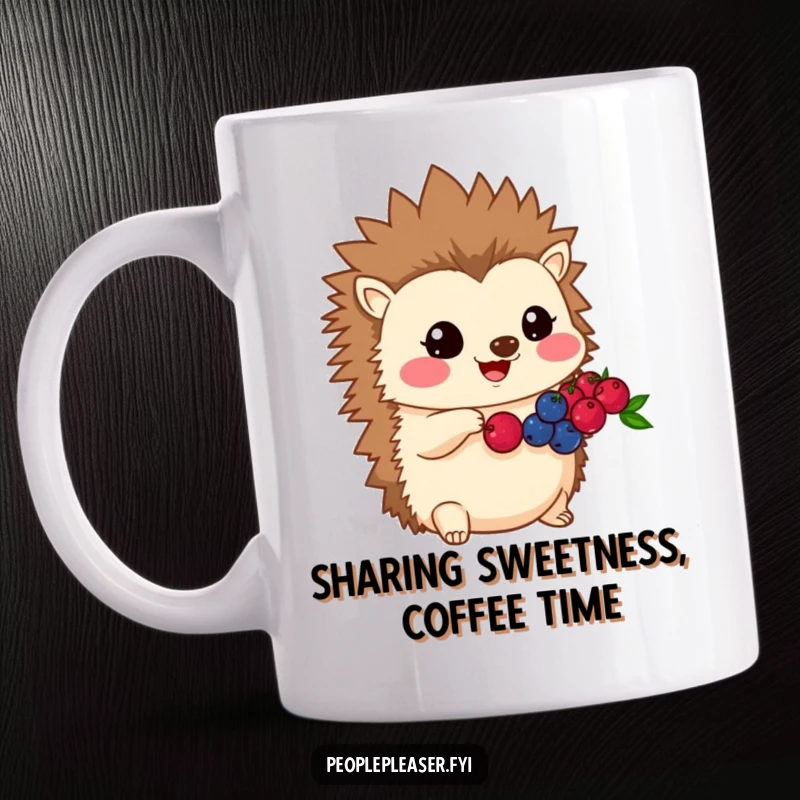 Funny Kawaii hedgehog mug featuring a character sharing its berries, radiating kindness and helpfulness, a perfect gift for generous souls.