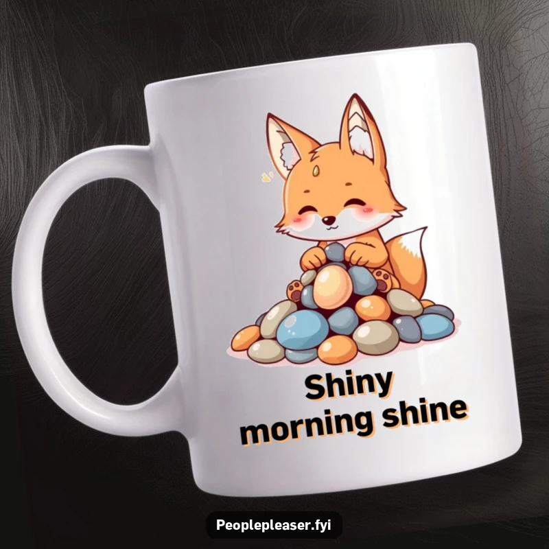 Funny fox mug, playfully arranging a neat pile of shiny pebbles with a charming and clever expression, showcasing a collector's pride.