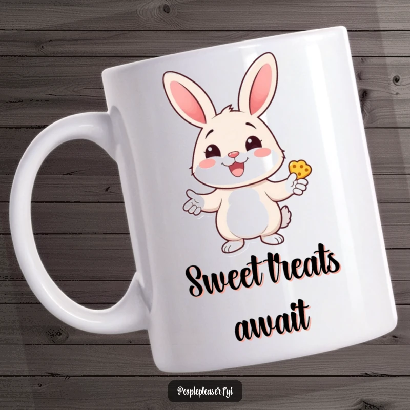Funny bunny mug showing a cheerful bunny character handing out treats with a wide smile, radiating happiness and humor.