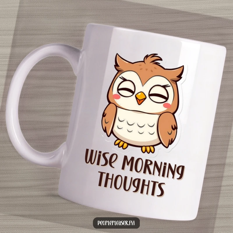 Funny Owl Mug: A content owl character gives a wise nod of approval, radiating wisdom and calm. Perfect funny gift!