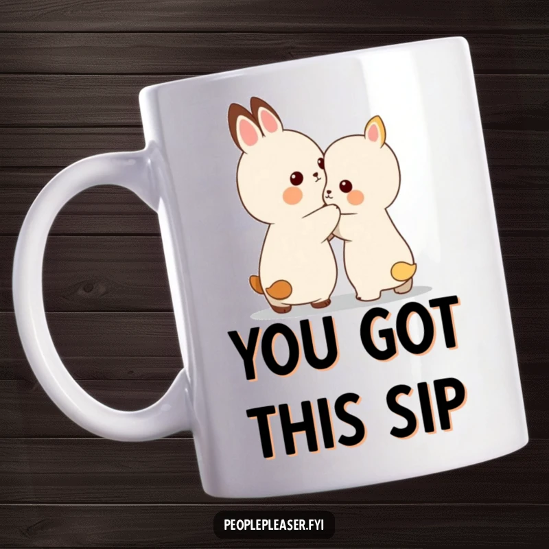 Funny mug showing a small, kind animal character gently patting another on the back, offering support and encouragement.
