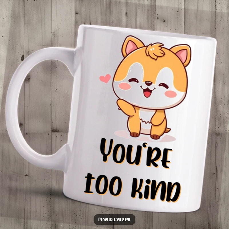 Funny Mug showing a delighted animal character with rosy cheeks and a big smile, flattered by a compliment, radiating pure happiness.