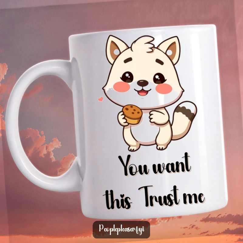Funny mug showcasing an eager animal character enthusiastically nodding and offering a delicious treat, radiating joy and generosity.