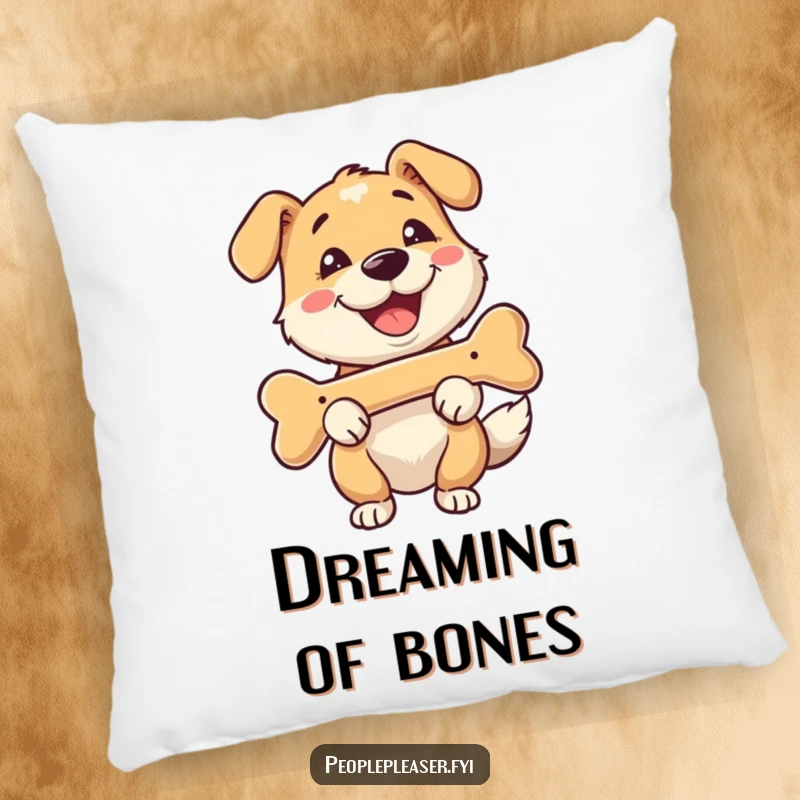 Funny pillow featuring a happy dog character fetching a bone with a joyful smile, perfect for adding cozy, dog-themed comfort.