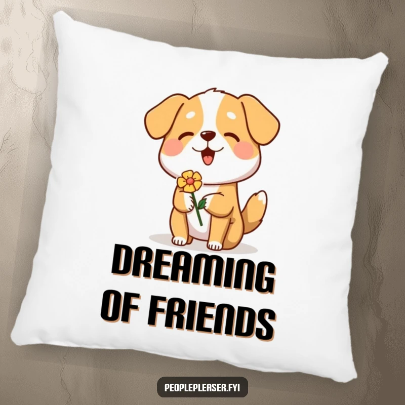 Funny Dog Pillow with a cheerful dog character offering a flower, a soft and decorative accent for sofas and beds.