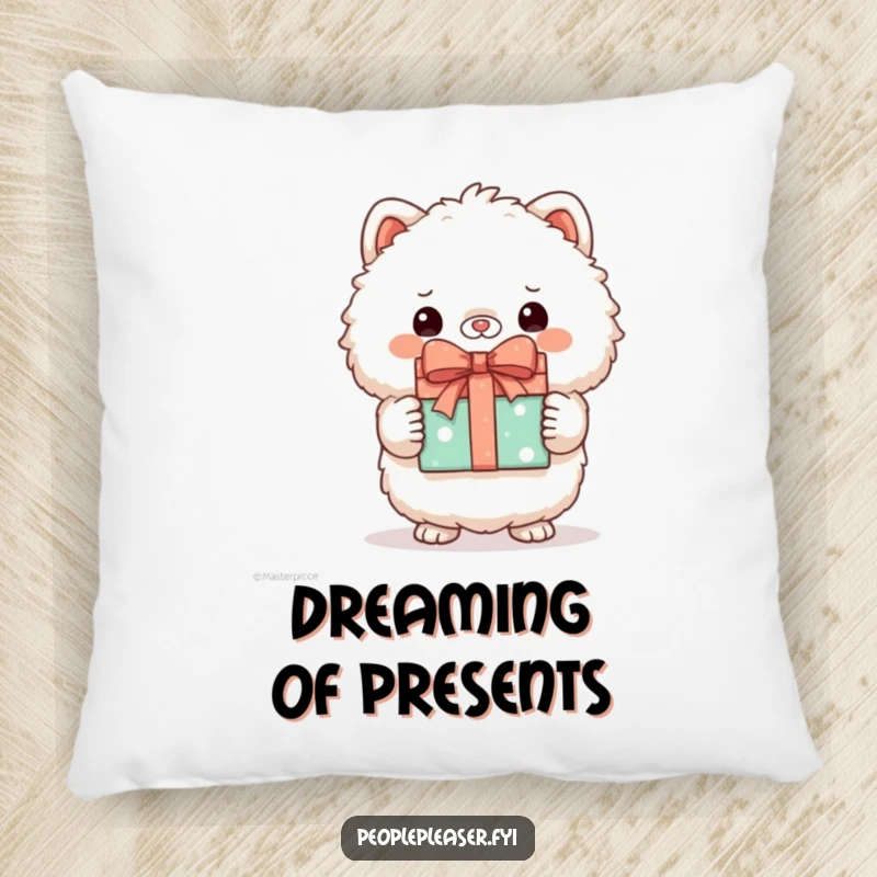 Funny pillow with a sweet fluffy animal character proudly holding a neatly wrapped gift, bringing smiles.
