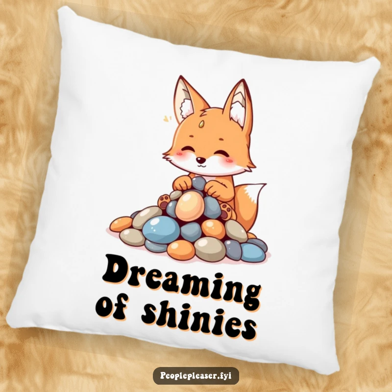 Funny fox pillow, depicted with a neat pile of shiny pebbles, embodying cleverness, organization, and soft, cozy comfort.