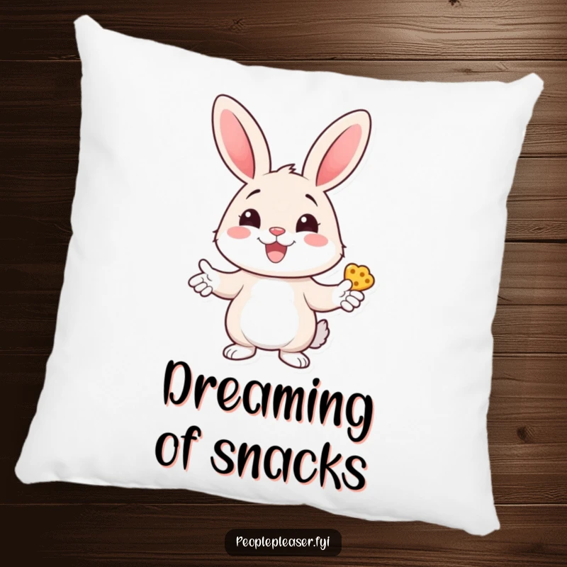 Funny bunny pillow featuring a cheerful bunny character handing out treats with a wide smile, offering comfort and a humorous touch.