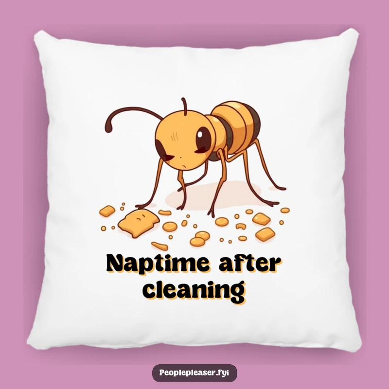 Funny Ant Tidying Pillow: Soft pillow with a diligent ant and crumbs, a funny gift.