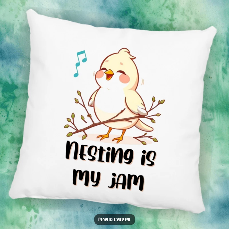 Funny cheerful bird singing a sweet melody while arranging tiny twigs on a pillow, soft decor for music enthusiasts.