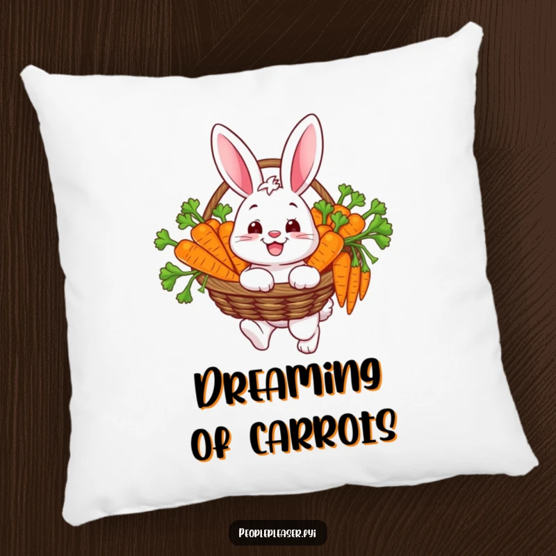 Funny pillow featuring a happy bunny character carrying a basket overflowing with carrots, offering comfort and a dose of bunny joy.